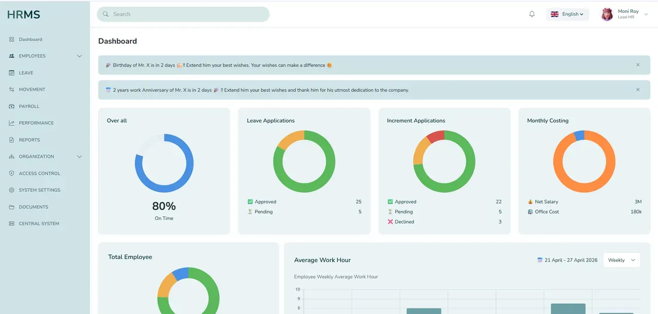 Screenshot of HRMS — HR Management Dashboard